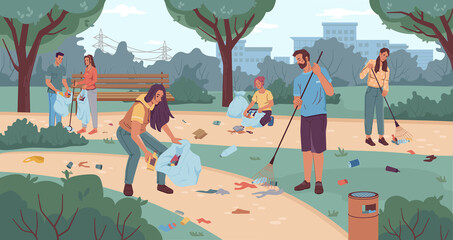 People volunteers cleaning up city park flat cartoon characters. Vector team of active adults and kids pickup rubbish into bags. Environment protection. Man woman collecting garbage together use rake © Sensvector