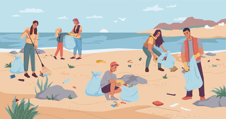 Volunteers cleaning beach, pickup garbage on river or lake shore. Vector group man woman collecting garbage together use rake. Team of active citizens pickup rubbish into bags. Environment protection © Sensvector
