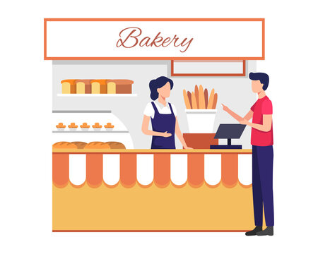 Cake and bakery shop. Small business and self-employment concept with female shopkeeper serve customer. Female cashier with buyer, Different bread, Cakes in the window. Vector illustration flat style