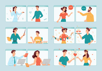 Online life, man and woman communicating via computers and smartphones. Vector doctor check, chatting lovers, communication, work and study in internet. Medicine and birthday celebration, holiday love