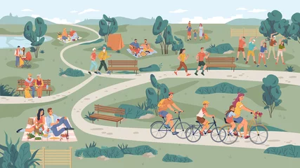 Poster People in park leisure outdoor activity, family picnic and summer rest. Vector people sitting on bench, playing on lawn and riding bicycle, physical sport activities, elderly couple, parents with pram © Sensvector