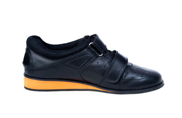 Black weightlifting shoes, on a white background isolated
