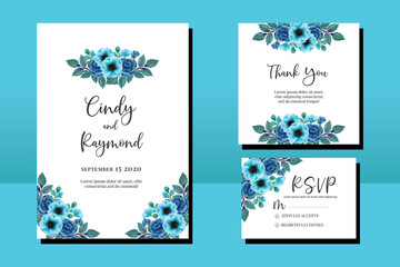 Fototapeta na wymiar Wedding invitation frame set, floral watercolor hand drawn Blue Rose and Anemone Flower design Invitation Card Template