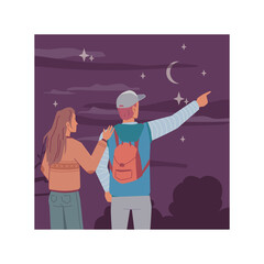 Night, young man and woman couple back view looking at starry sky, dreaming and investigating moon and sky. Vector evening landscape scenery, tourists travelers dreaming and inspire together
