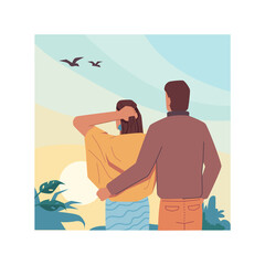 Hugging couple on sky landscape background, back view. Vector tourist people looking at flying birds in clouds. Vector man and woman in love on nature, dreaming and resting together, flat cartoon