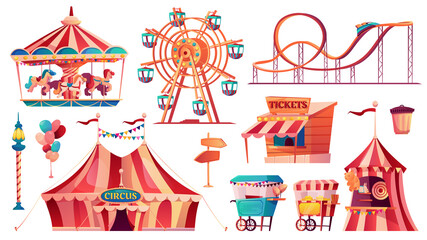 Set of amusement park icons. Vector carnival circus tent, ferris wheel, rollercoaster, carousel and candy cotton booth, food carts, shooting gallery, arrows pointers, ticketsbox. Balloons and flags