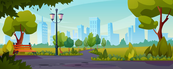 Summer or spring park sidewalks flat color illustration. Vector road near lawn with green grass, trees and bushes. Bench and street lamp, landscape with skyline cityscape house buildings on background - obrazy, fototapety, plakaty