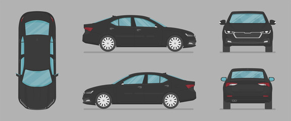 Vector sedan auto. Car from different sides. Side view, front view, back view, top view. Cartoon car in flat style.