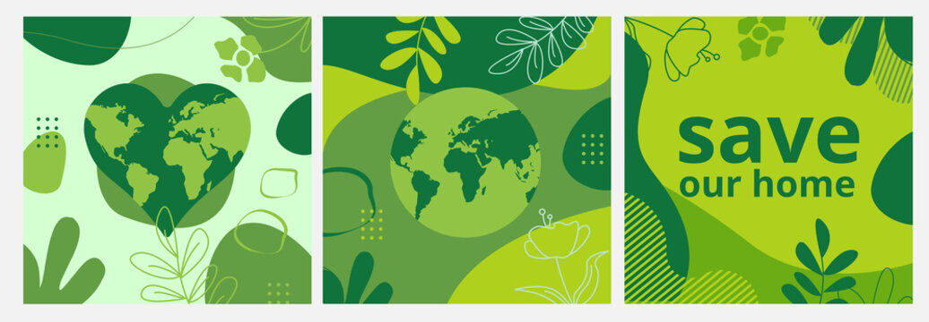 Set of Earth Day posters with green backgrounds, liquid shapes, leaves and elements. Layouts for prints, flyers, covers, banners design. Eco concepts.