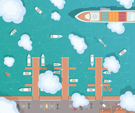 Illustration of a pier in flat style. Top view of the harbor. Wooden piers with boats. Container ship, yachts, boats, sea transport in the port. The helicopter flies over the ocean. 