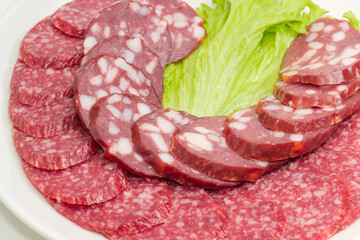 Sliced dry-cured and smoked sausages, closeup in selective focus