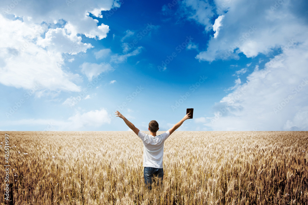 Wall mural man holding up bible in a wheat field