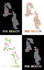 Pig Beach map. Collection of maps of Pig Beach in a dotted style. Borders of the island filled with rectangles for your design. Vector illustration.