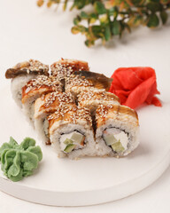 Different rolls and sushi. Asian cuisine.