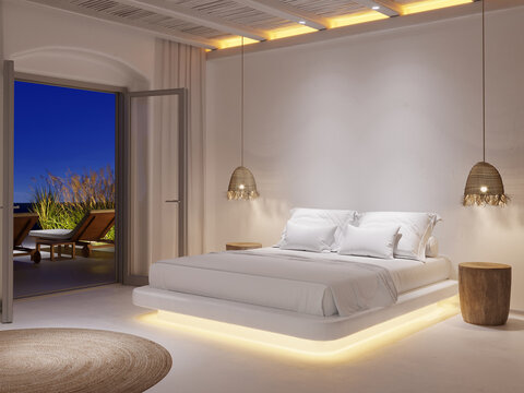 3d Mediterranean Greek Island Style All White Bedroom With Unique Atmospheric Style In A Night View