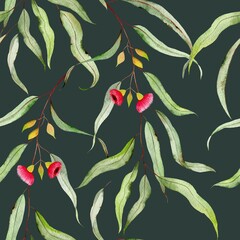 Watercolor eucalyptus pattern on dark green. Flowers, leaves and branches hand drawn fresh plants. Colorfull bright summer seamless background for textile, wallpapers, print and banners.