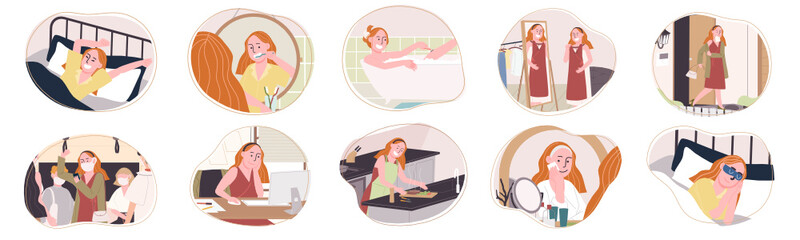 Flat style vector illustration set of cartoon young woman character in her daily life routine. Wake up, Brush teeth, Take Bath, Get dressed, Work, Travel, Cooking, Remove make up, Sleep scene.