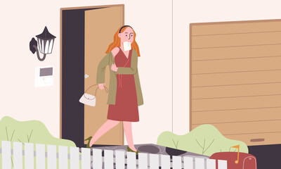 Flat style vector illustration of cartoon woman character hurry walking through the front door with bread in her mouth, get to work, be late to work, leave house.
