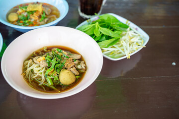 Thai style noodle , boat Noodle , blood soup with Vegetable Side Dish