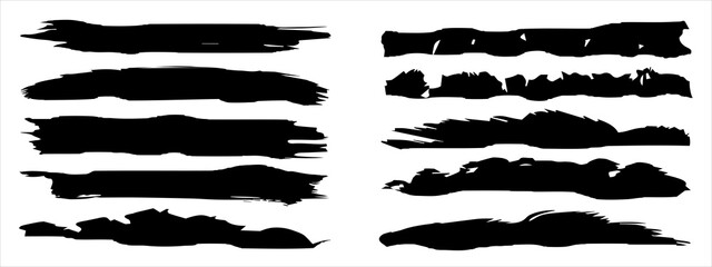 Vector collection of artistic grungy black paint hand made creative brush stroke set isolated on banner background. A group of abstract grunge sketches for design education or graphic art decoration