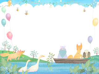 小川のある風景と動物の北欧風かわいいフレームイラスト素材 Advertisement Wall Mural Advertiseme Melchi