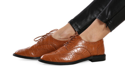 Woman in stylish shoes on white background, closeup