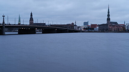 Cloudy morning, clouds over the Daugava in Riga, Peter's Cathedral