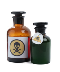Apothecary bottles with poison on white background
