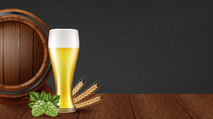 Glass of beer, wooden cask, fresh hops and ripe barley. Vector illustration.