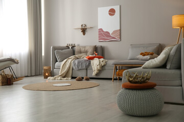 Spacious living room interior with comfortable sofa