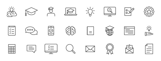 Obraz premium Set of 24 Education and Learning web icons in line style. School, university, textbook, learning. Vector illustration.
