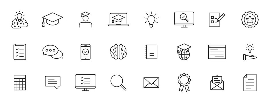 Set of 24 Education and Learning web icons in line style. School, university, textbook, learning. Vector illustration.