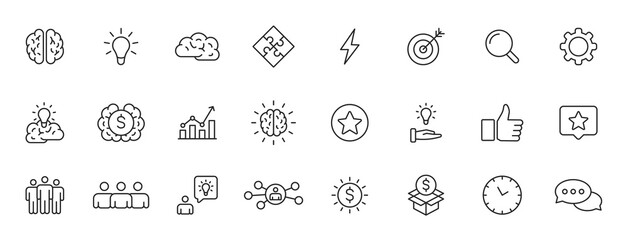 Set of 24 Creativity and Idea web icons in line style. Creativity, Finding solution, Brainstorming, Creative thinking, Brain. Vector illustration.
