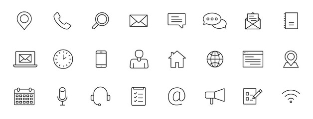 Set of 24 Contact Us web icons in line style. Web and mobile icon. Chat, support, message, phone. Vector illustration.