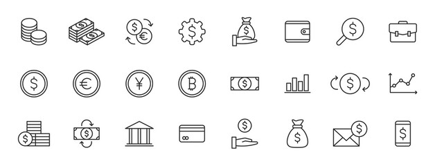Set of 24 Money and Payment web icons in line style. Business, investment, financial, banking ,dollar, bank, cash, coin exchange, pay. Vector illustration.
