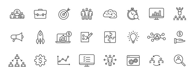Set of 24 Management web icons in line style. Media, teamwork, business, planning, strategy, marketing. Vector illustration.