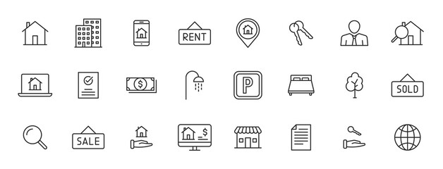 Set of 24 Real Estate web icons in line style. Rent, building, agent, house, auction, realtor. Vector illustration.