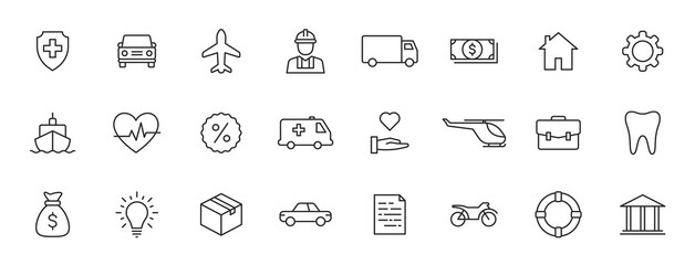 Set of 24 Insurance web icons in line style. Business, health, policy, tornado, flood, help. Vector illustration.