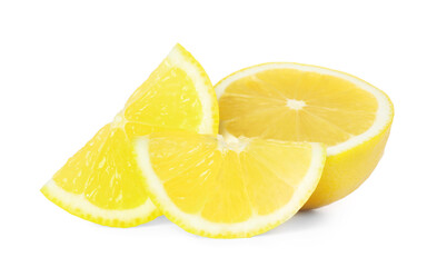 Fresh cut juicy lemons on white background
