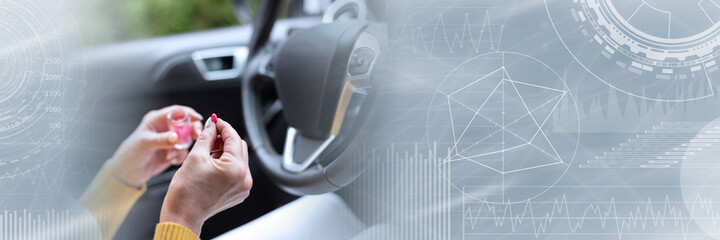 Woman taking pills before driving; panoramic banner