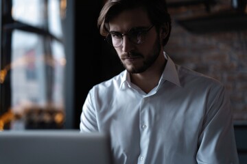 Fototapeta premium Young successful businessman working on a laptop while sitting in cafe