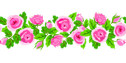 Vector horizontal seamless garland with small pink roses and green leaves