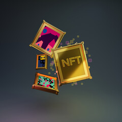 3D rendering illustration of art piece transform to digital Golden coins NFT non-fungible tokens, concept art