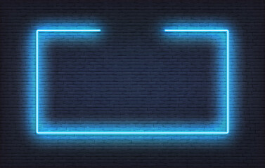 Neon frame sign. Realistic blue signboard glowing design template