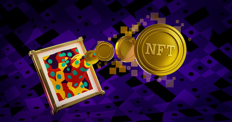 3D rendering illustration of art piece transform to digital Golden coins NFT non-fungible tokens, concept art