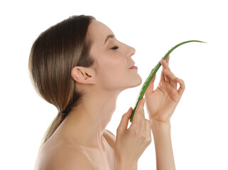 Young woman with aloe leaf on white background