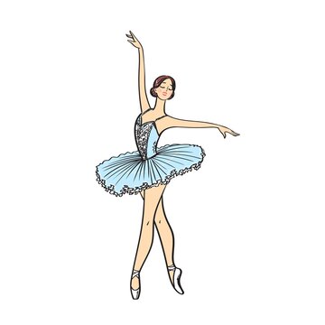 Beautiful drawing ballerina In a blue tutu and pointe on a white background,sketch.Stock vector illustration isolated on white background.