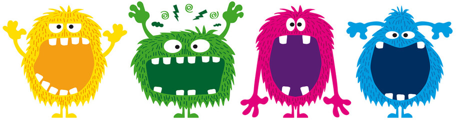 Behaarte Monster Cartoons mit großem offenem Mund und Eckzähnen, lustige Riesen, bunte Yeti © cartoon-IT