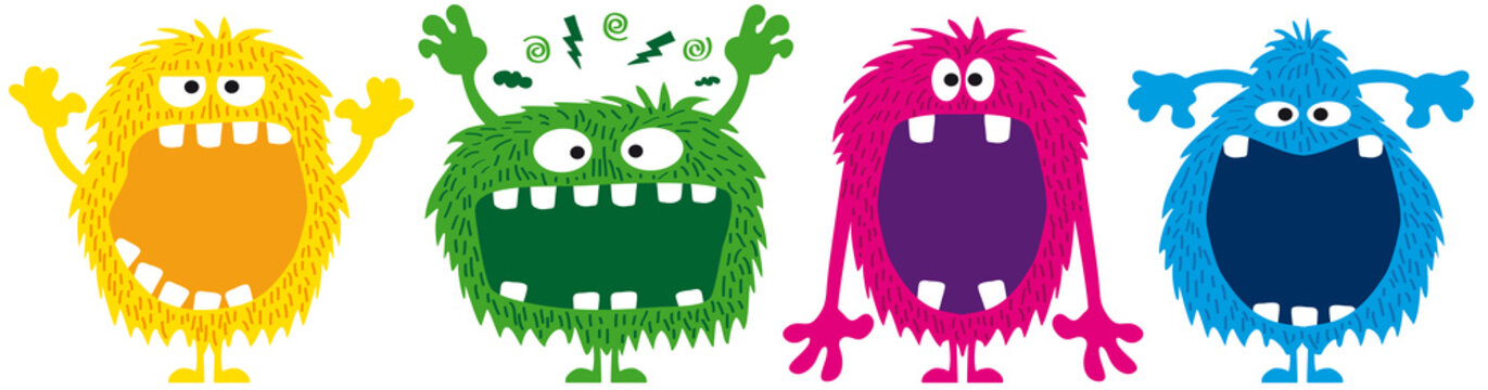 Behaarte Monster Cartoons mit großem offenem Mund und Eckzähnen, lustige Riesen, bunte Yeti
