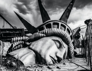 The iconic image of the statue of liberty destroyed - The end of the world - Apocalyptic vision of the future world - Disaster concept for climate change, global war, terrorism or alien attack